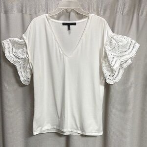 WHBM Eyelet T shirt top SZ L White w ruffle eyelet sleeves summer v neck casual